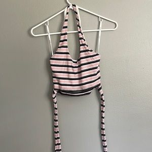 striped pink black and white tie crop top